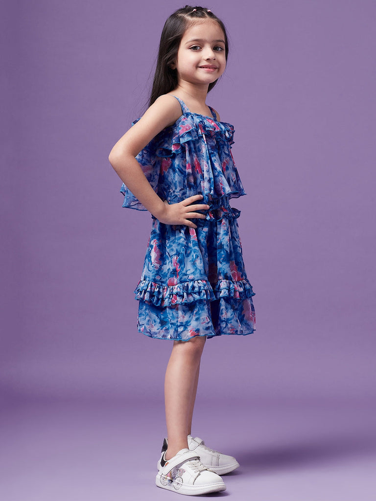 Girls Floral Printed Ruffled Chiffon Fit Flare Dress (d-bluefloral)