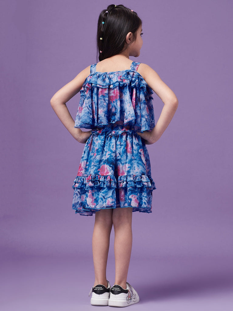 Girls Floral Printed Ruffled Chiffon Fit Flare Dress (d-bluefloral)