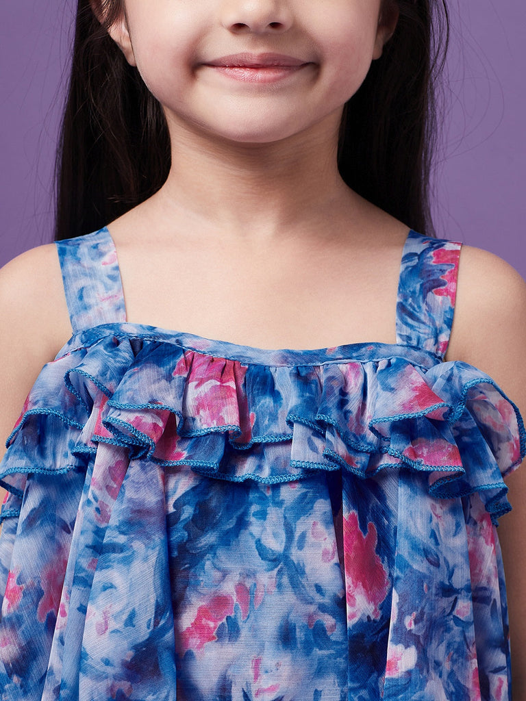 Girls Floral Printed Ruffled Chiffon Fit Flare Dress (d-bluefloral)