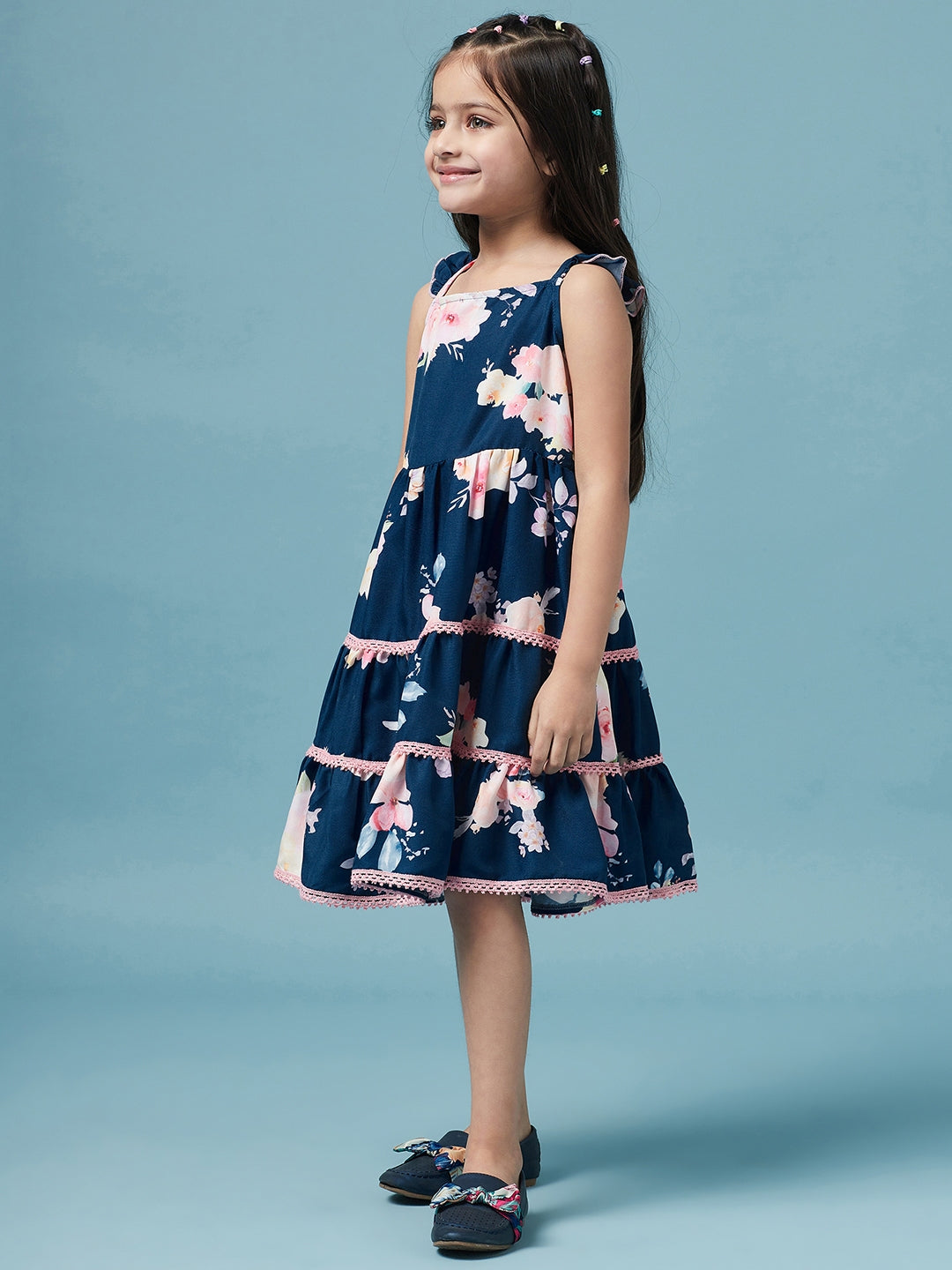 Tiered Floral Printed Fit & Flare Dress (d-bluelayer)