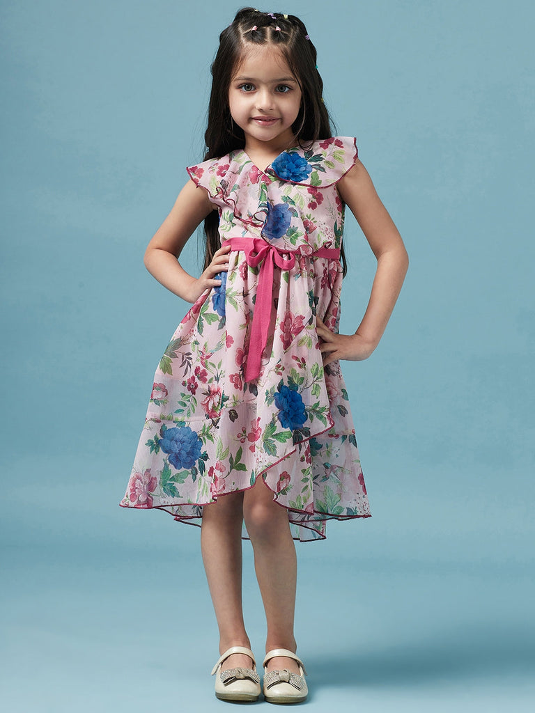 Girls Pink & blue Floral Printed V Neck A-Line Sleeveless Casual Wear Dress (d-floralchiffon)