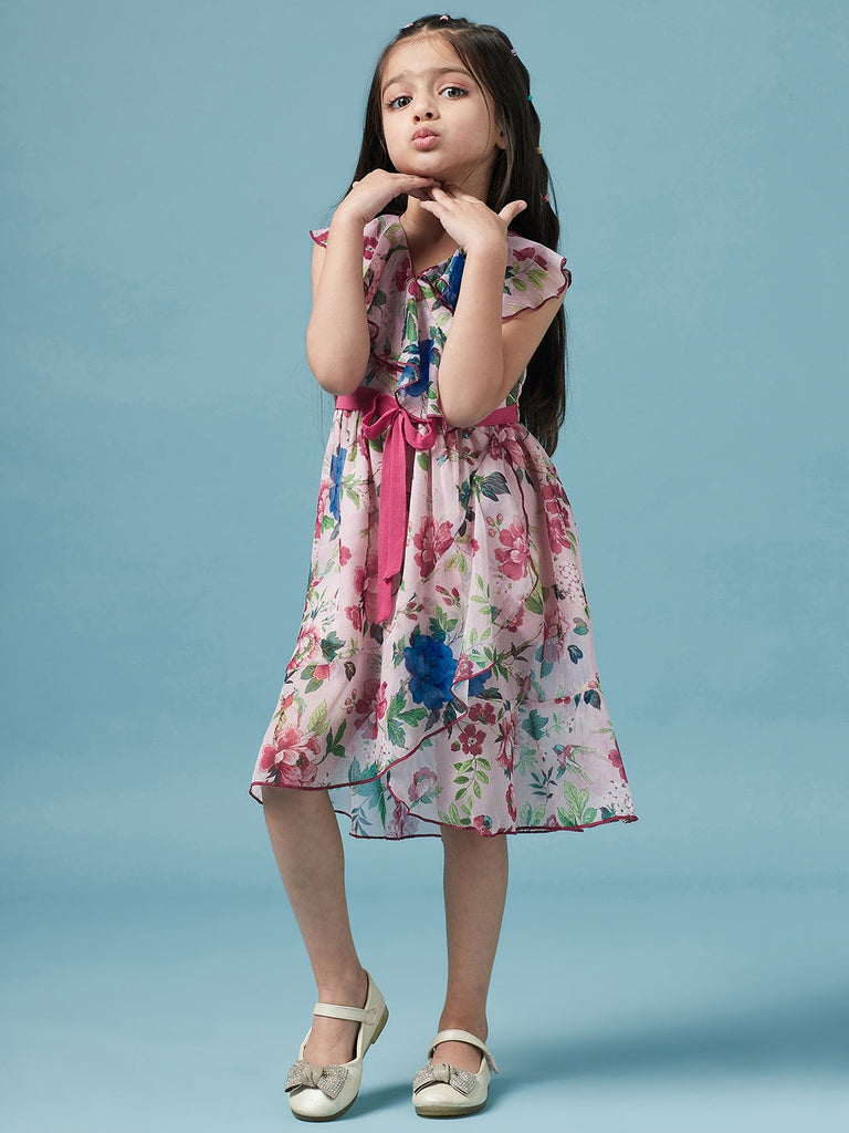 Girls Pink & blue Floral Printed V Neck A-Line Sleeveless Casual Wear Dress (d-floralchiffon)