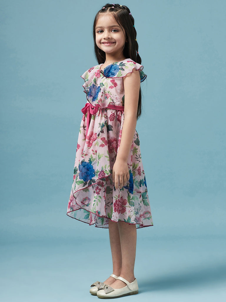 Girls Pink & blue Floral Printed V Neck A-Line Sleeveless Casual Wear Dress (d-floralchiffon)