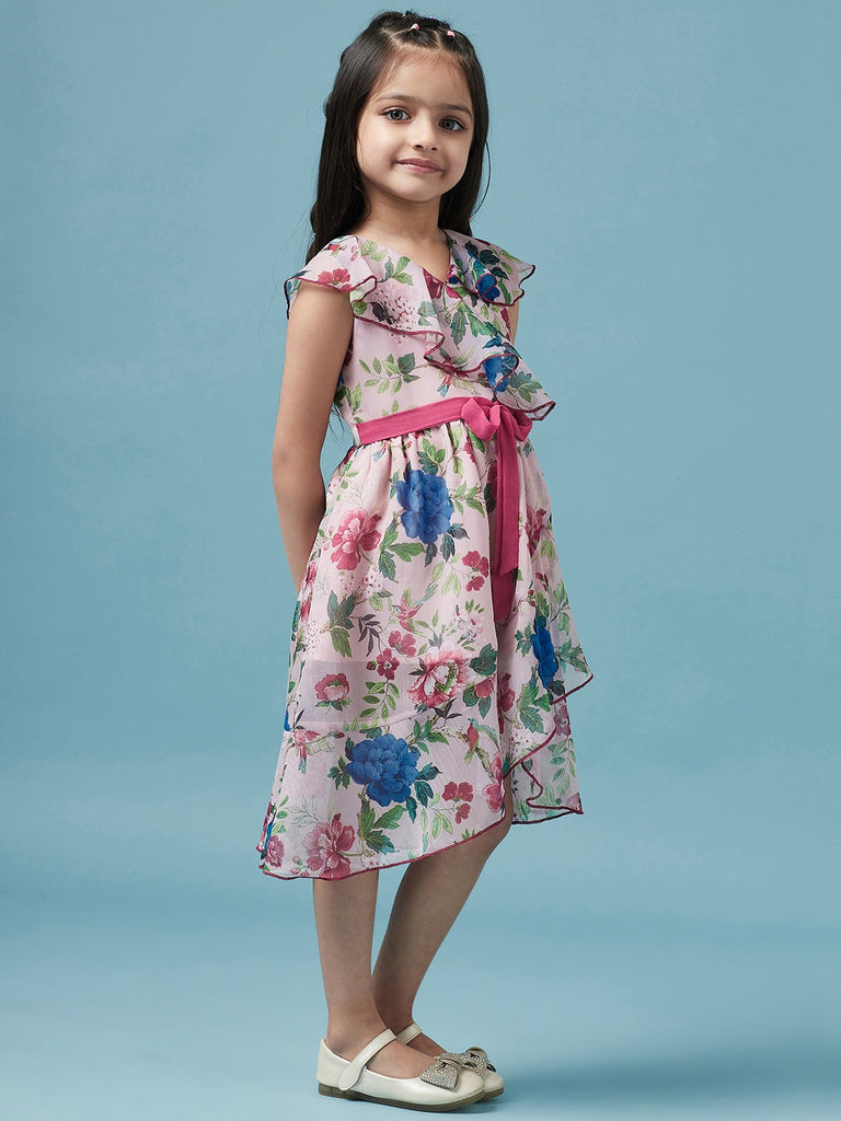 Girls Pink & blue Floral Printed V Neck A-Line Sleeveless Casual Wear Dress (d-floralchiffon)