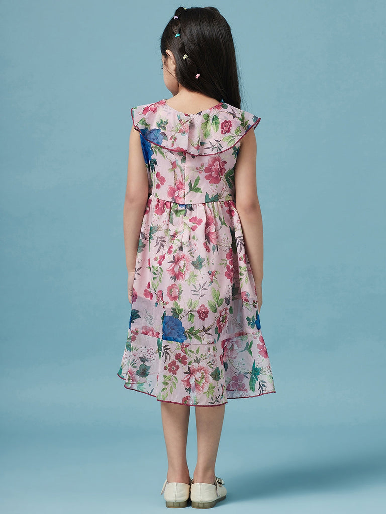 Girls Pink & blue Floral Printed V Neck A-Line Sleeveless Casual Wear Dress (d-floralchiffon)