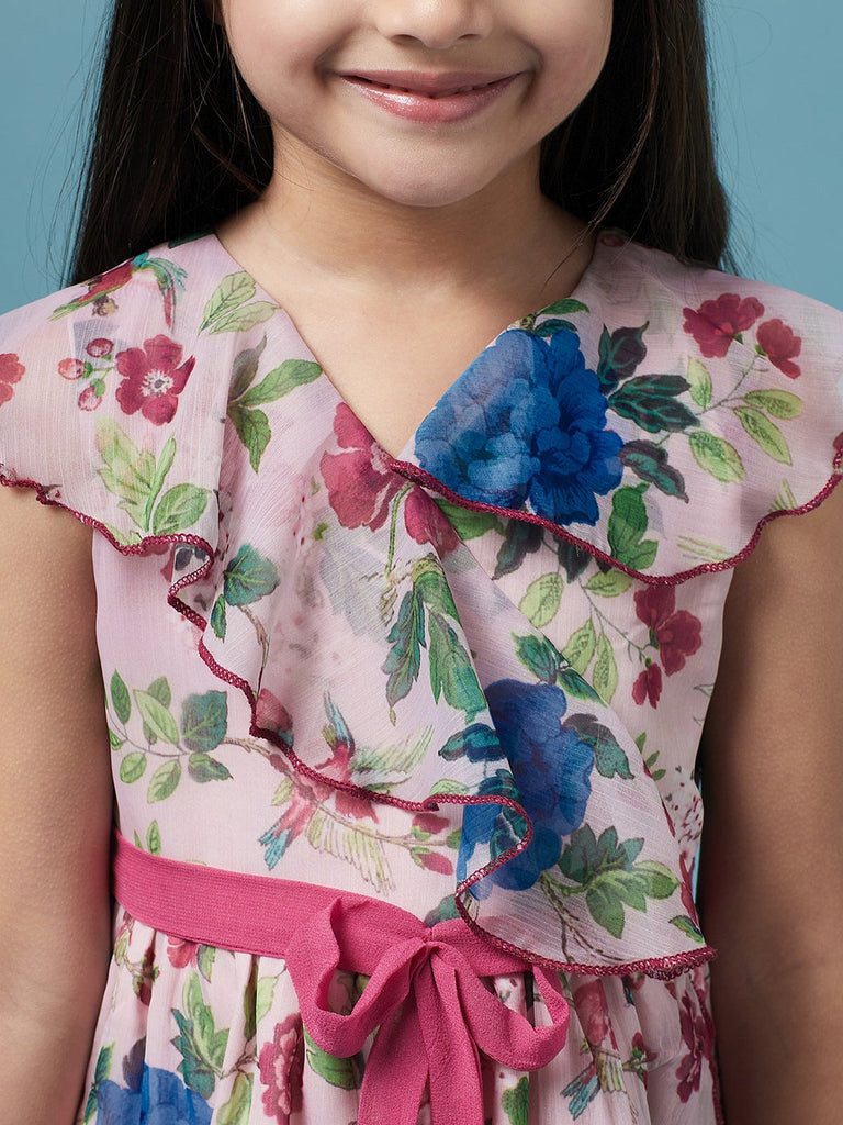 Girls Pink & blue Floral Printed V Neck A-Line Sleeveless Casual Wear Dress (d-floralchiffon)