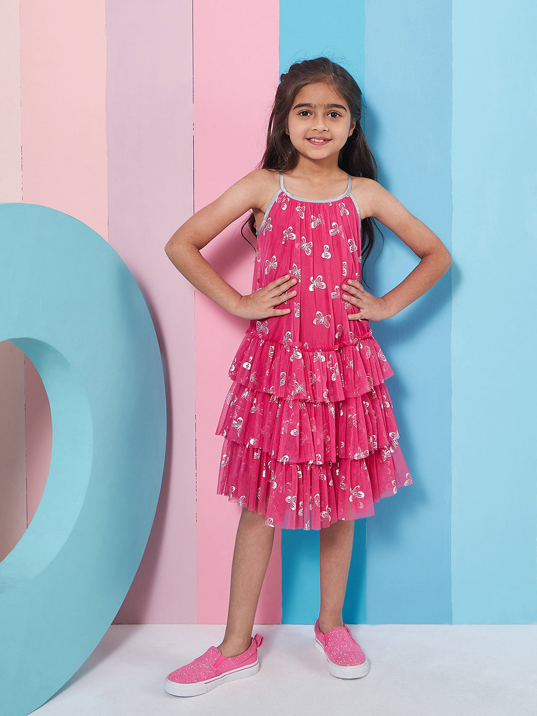 Girl's Floral Printed Casual Wear Layered Net Drop-Waist Dress Effortlessly Stylish and Chic (d-magbutterfly)