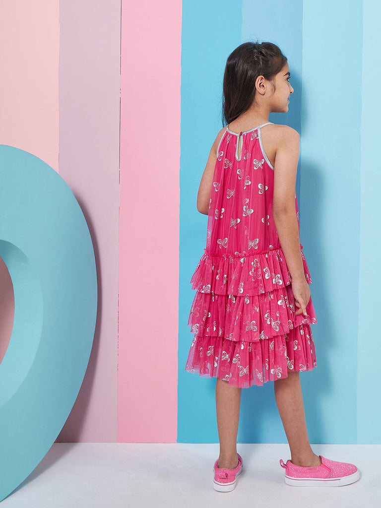 Girl's Floral Printed Casual Wear Layered Net Drop-Waist Dress Effortlessly Stylish and Chic (d-magbutterfly)