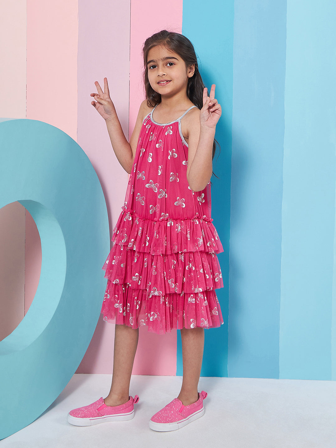 Girl's Floral Printed Casual Wear Layered Net Drop-Waist Dress Effortlessly Stylish and Chic (d-magbutterfly)