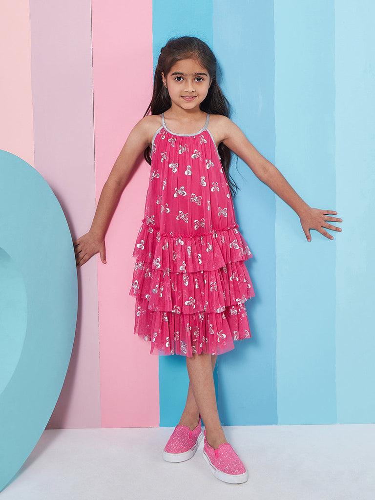 Girl's Floral Printed Casual Wear Layered Net Drop-Waist Dress Effortlessly Stylish and Chic (d-magbutterfly)