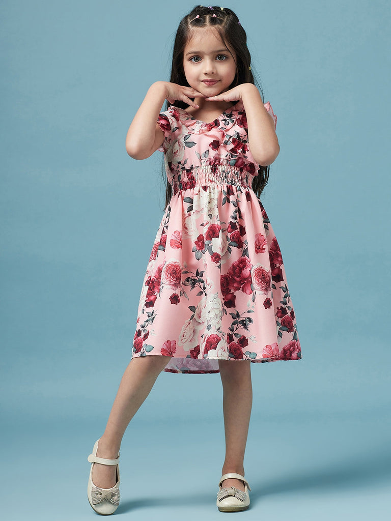 Girls Floral Printed Dress (d-peachrose)