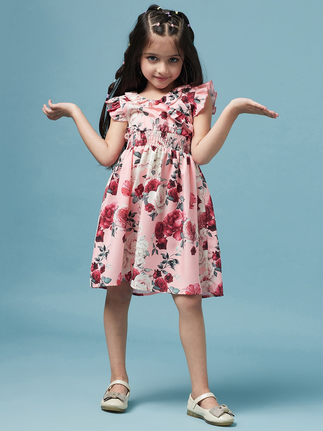 Girls Floral Printed Dress (d-peachrose)