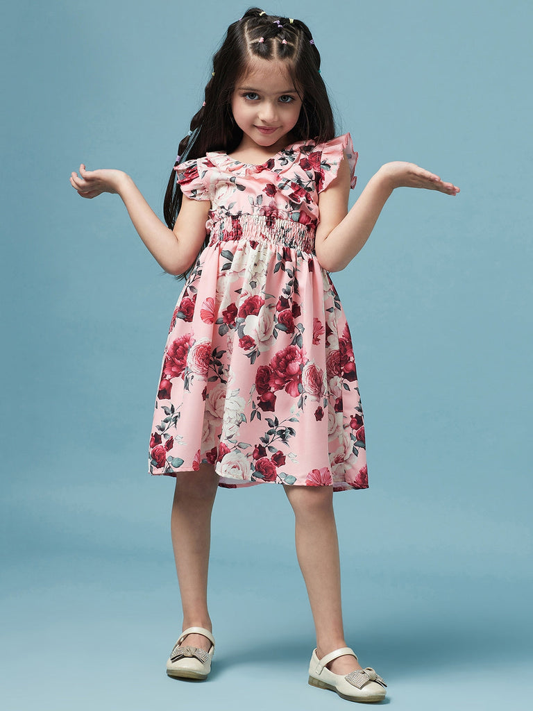 Girls Floral Printed Dress (d-peachrose)