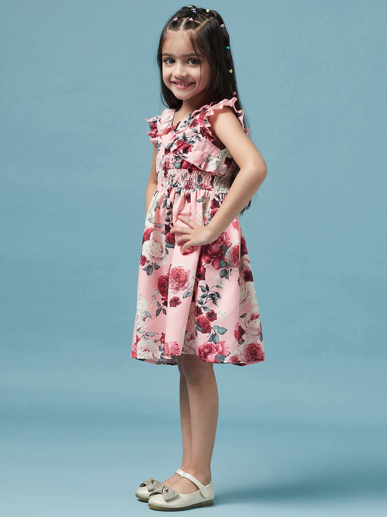 Girls Floral Printed Dress (d-peachrose)