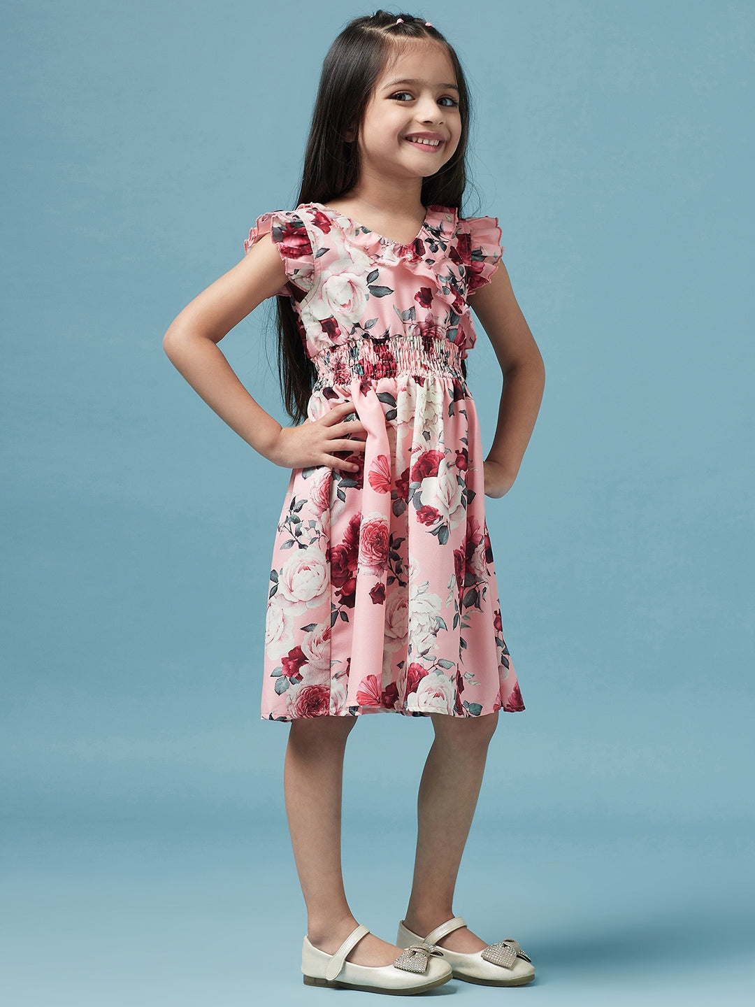Girls Floral Printed Dress (d-peachrose)