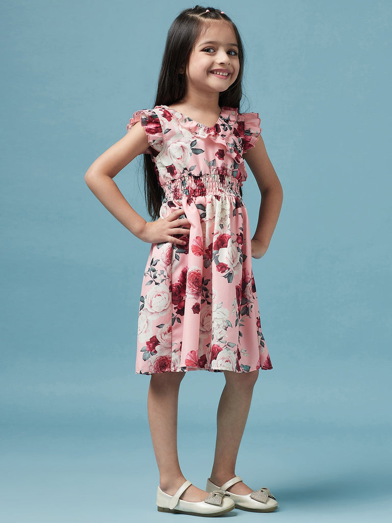Girls Floral Printed Dress (d-peachrose)