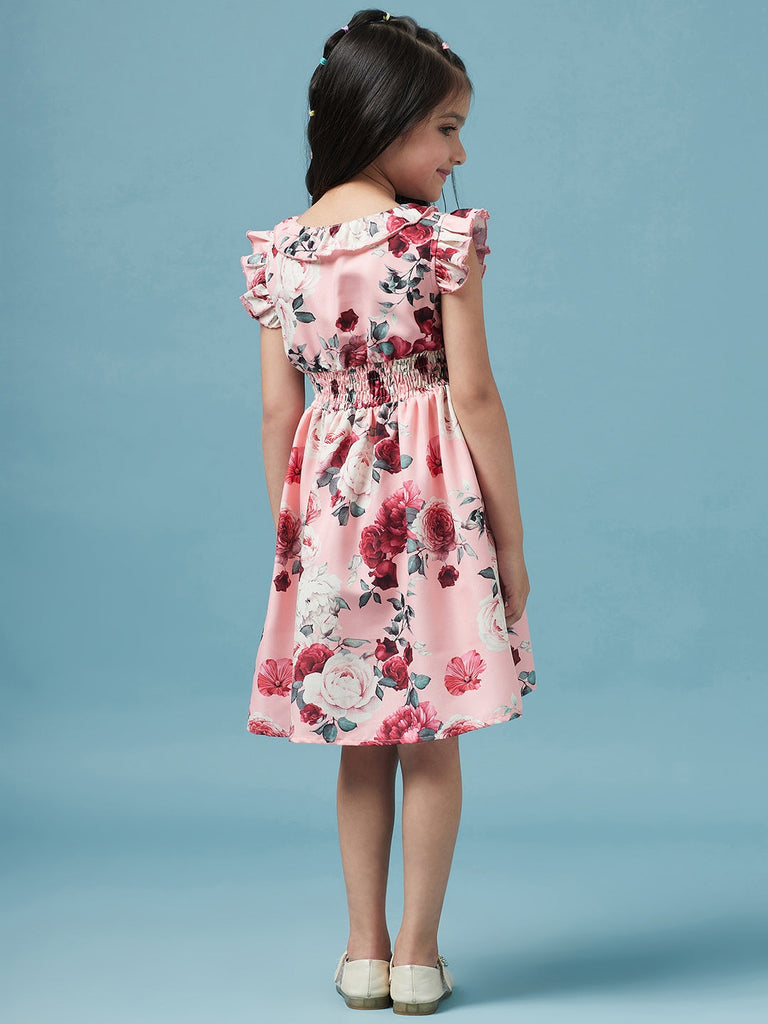 Girls Floral Printed Dress (d-peachrose)