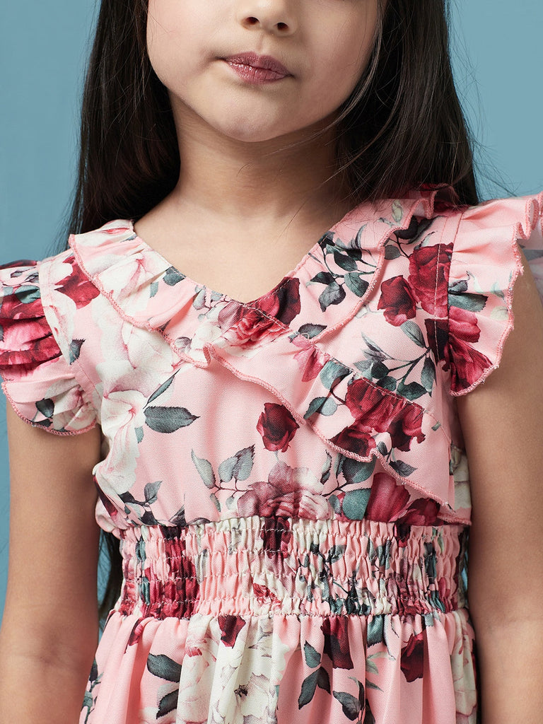 Girls Floral Printed Dress (d-peachrose)