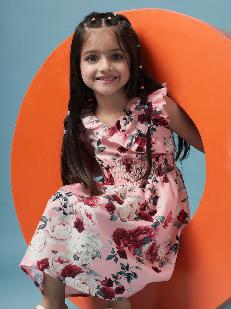 Girls Floral Printed Dress (d-peachrose)