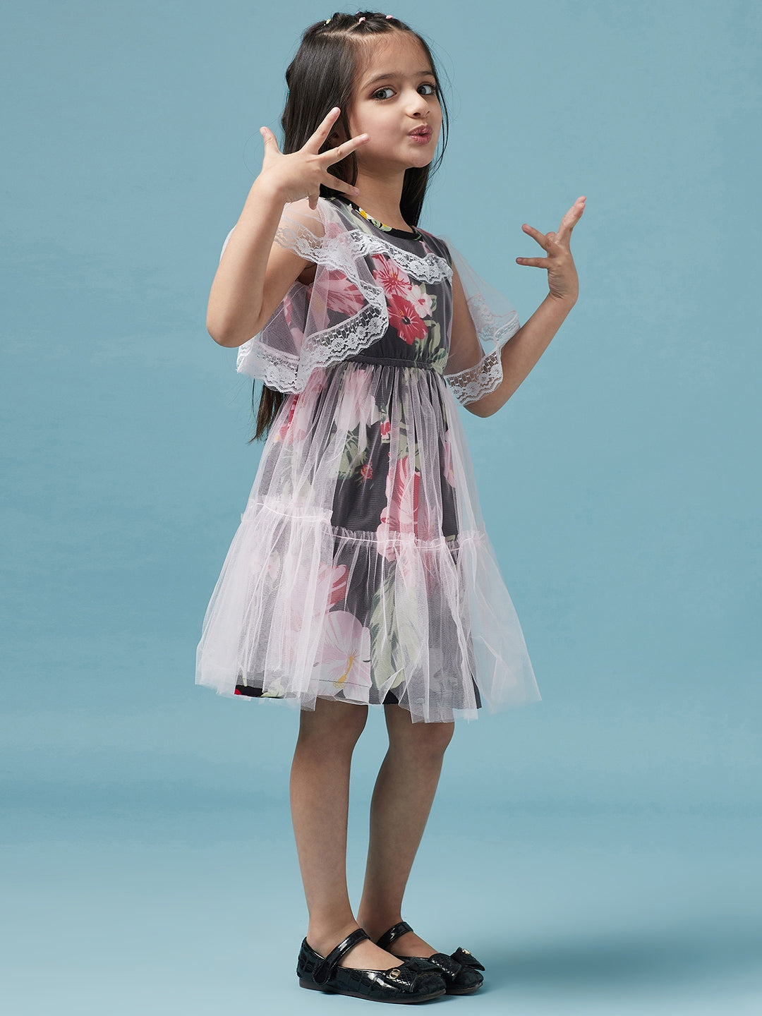 Lace Layered Floral Printed Fit & Flare Dress (d-pinkblack)