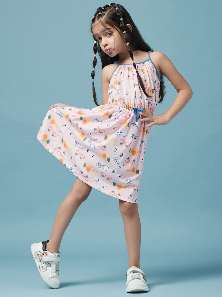 Girls Cotton Floral Printed A-Line Dress (d-pinkglasses)