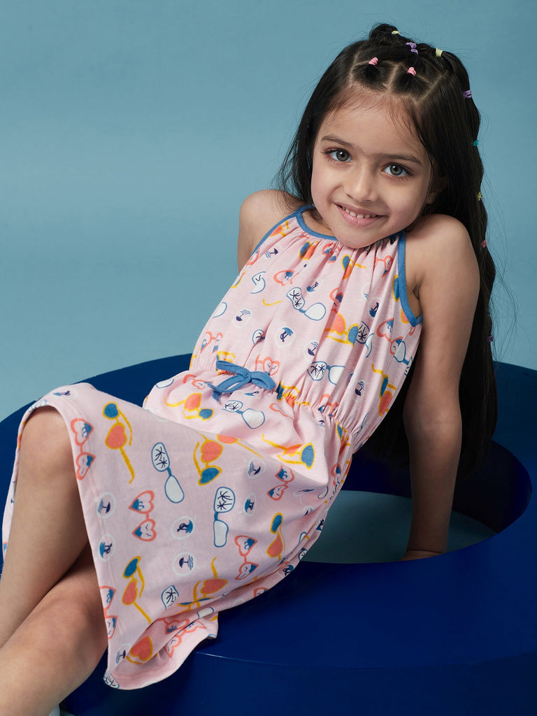 Girls Cotton Floral Printed A-Line Dress (d-pinkglasses)