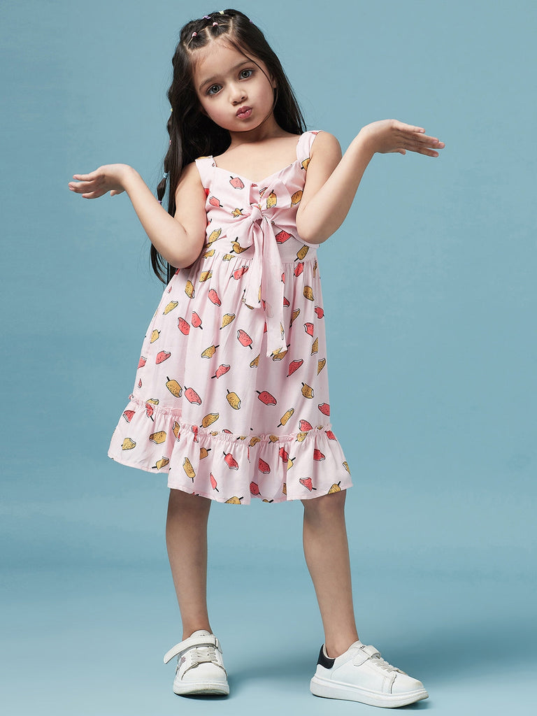 Conversational Printed Empire V-neck Sleeveless Casual Wear Dress (D-PINKICECREAM)