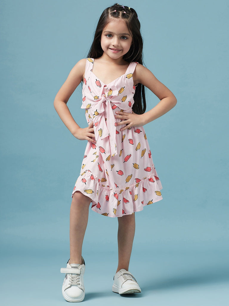 Conversational Printed Empire V-neck Sleeveless Casual Wear Dress (D-PINKICECREAM)