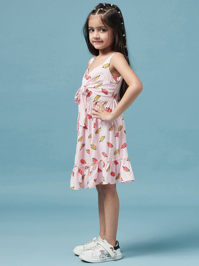 Conversational Printed Empire V-neck Sleeveless Casual Wear Dress (D-PINKICECREAM)