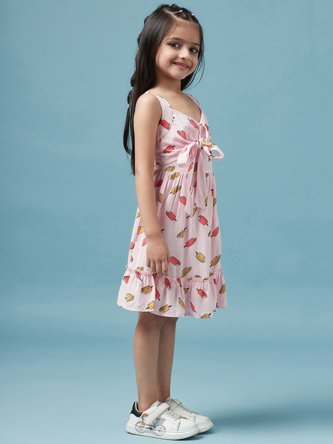 Conversational Printed Empire V-neck Sleeveless Casual Wear Dress (D-PINKICECREAM)