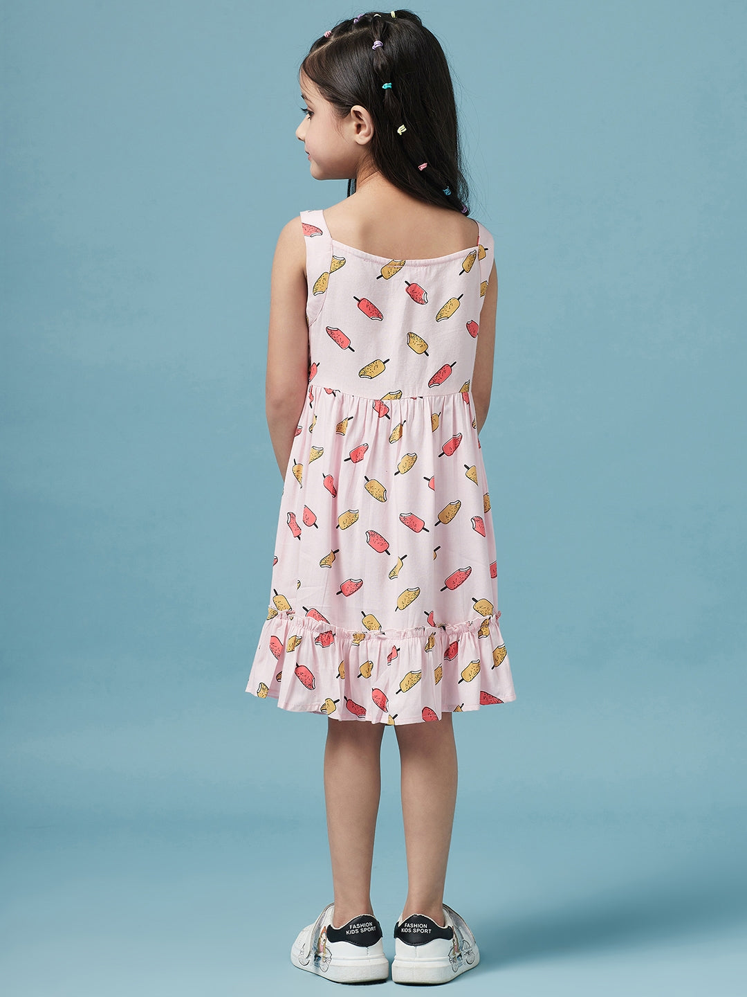 Conversational Printed Empire V-neck Sleeveless Casual Wear Dress (D-PINKICECREAM)
