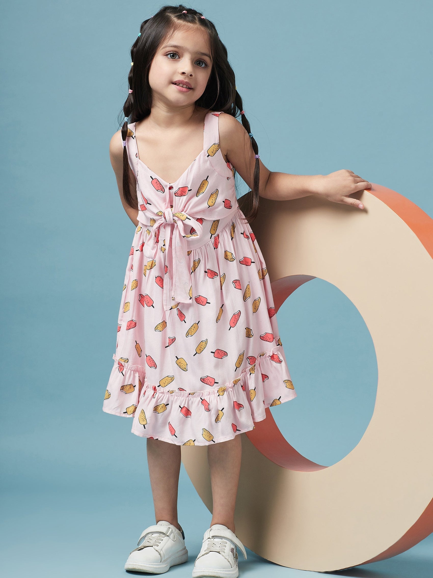 Conversational Printed Empire V-neck Sleeveless Casual Wear Dress (D-PINKICECREAM)