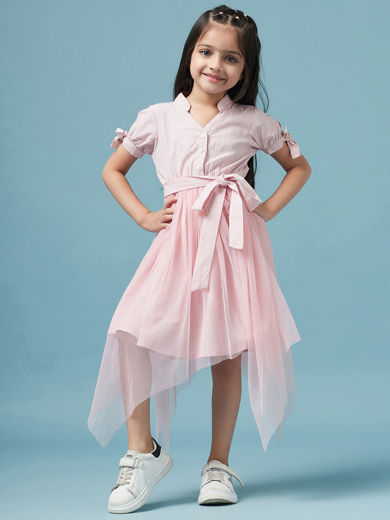 Girls Striped Cotton Midi Dress (d-pinkshirtdress)