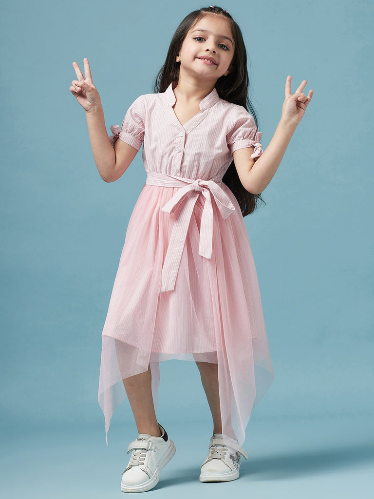 Girls Striped Cotton Midi Dress (d-pinkshirtdress)