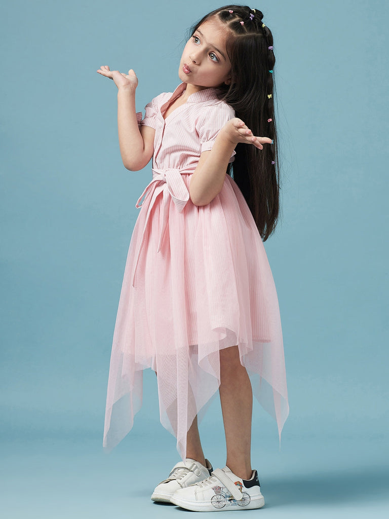 Girls Striped Cotton Midi Dress (d-pinkshirtdress)