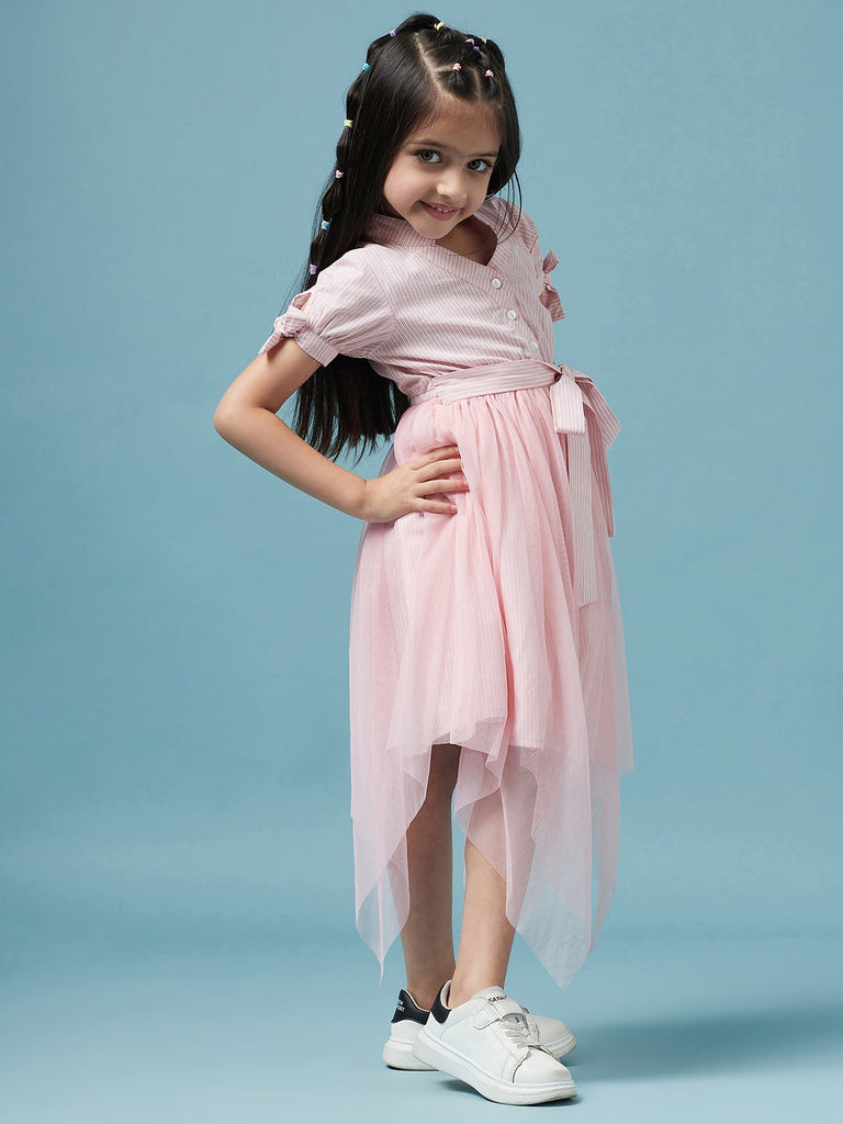Girls Striped Cotton Midi Dress (d-pinkshirtdress)
