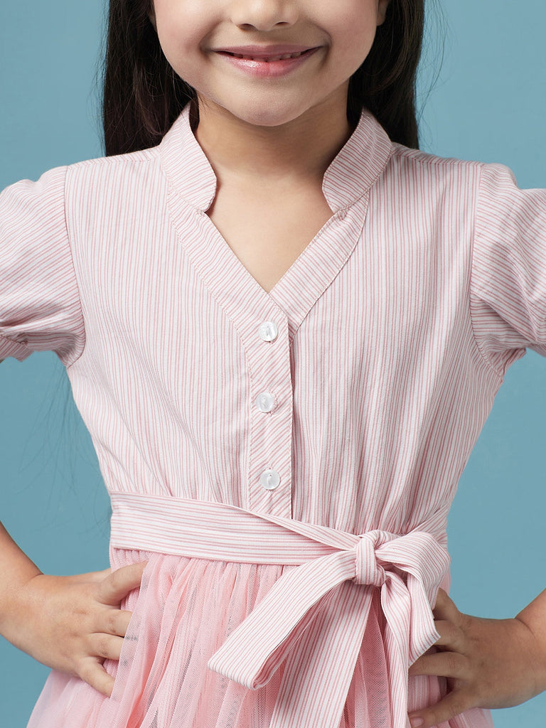 Girls Striped Cotton Midi Dress (d-pinkshirtdress)