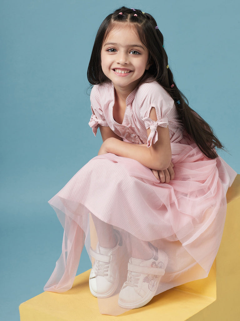 Girls Striped Cotton Midi Dress (d-pinkshirtdress)