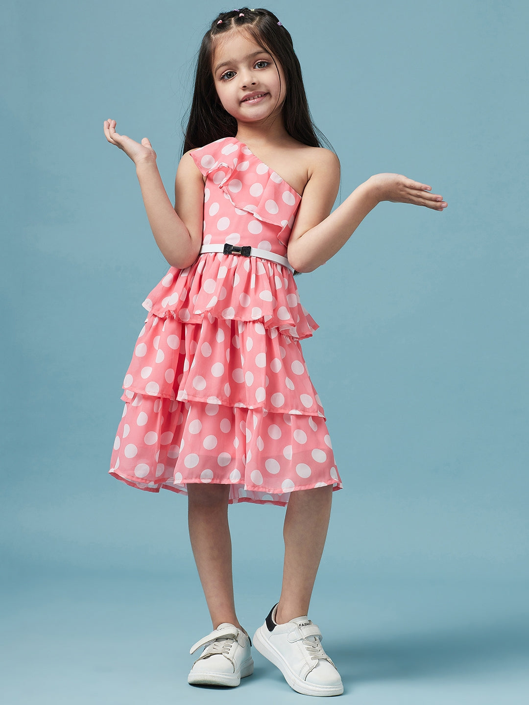 Girls One Shoulder Polka Dot Printed Georgette Dress (d-polkalayer)