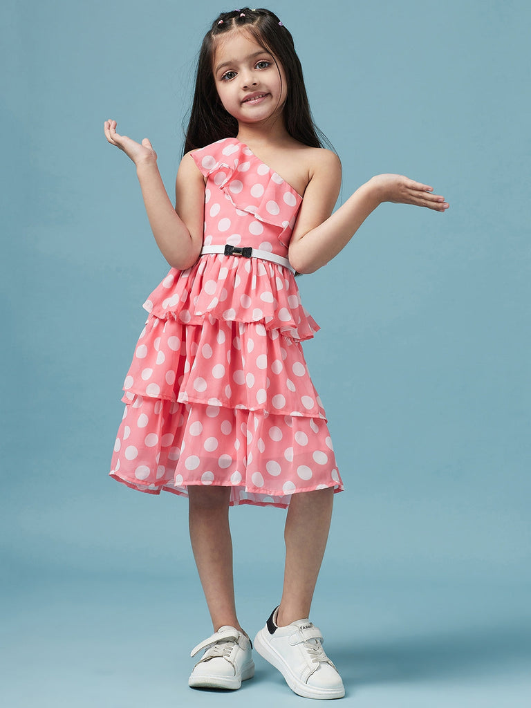 Girls One Shoulder Polka Dot Printed Georgette Dress (d-polkalayer)