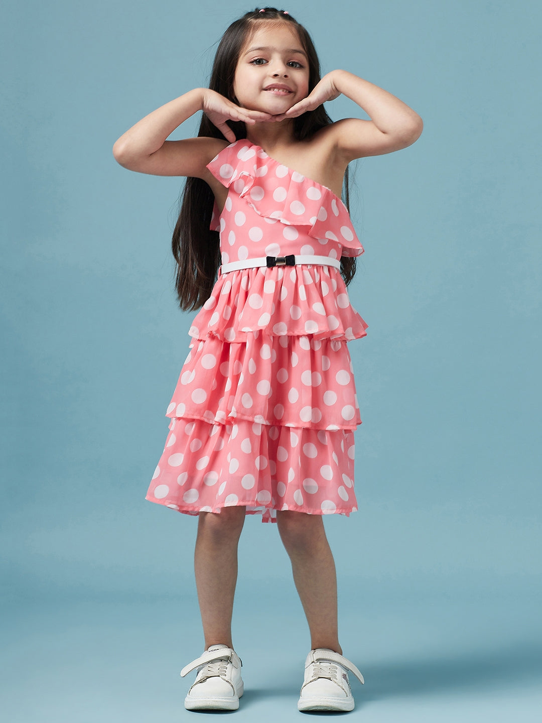 Girls One Shoulder Polka Dot Printed Georgette Dress (d-polkalayer)