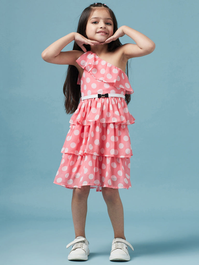 Girls One Shoulder Polka Dot Printed Georgette Dress (d-polkalayer)