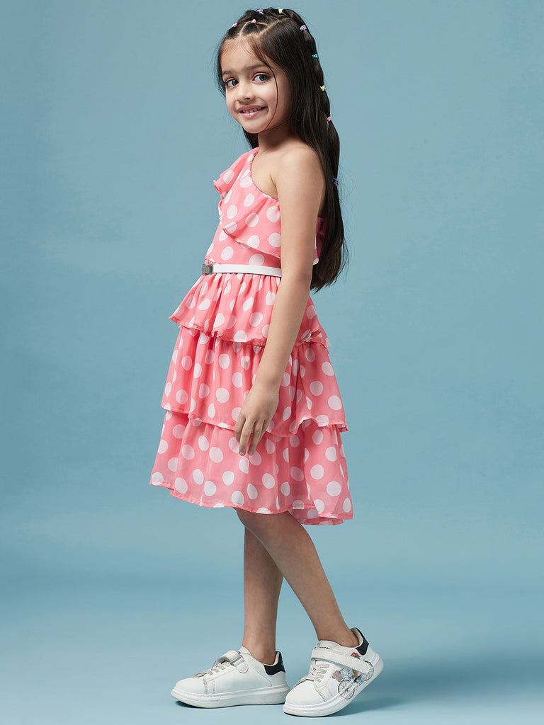 Girls One Shoulder Polka Dot Printed Georgette Dress (d-polkalayer)