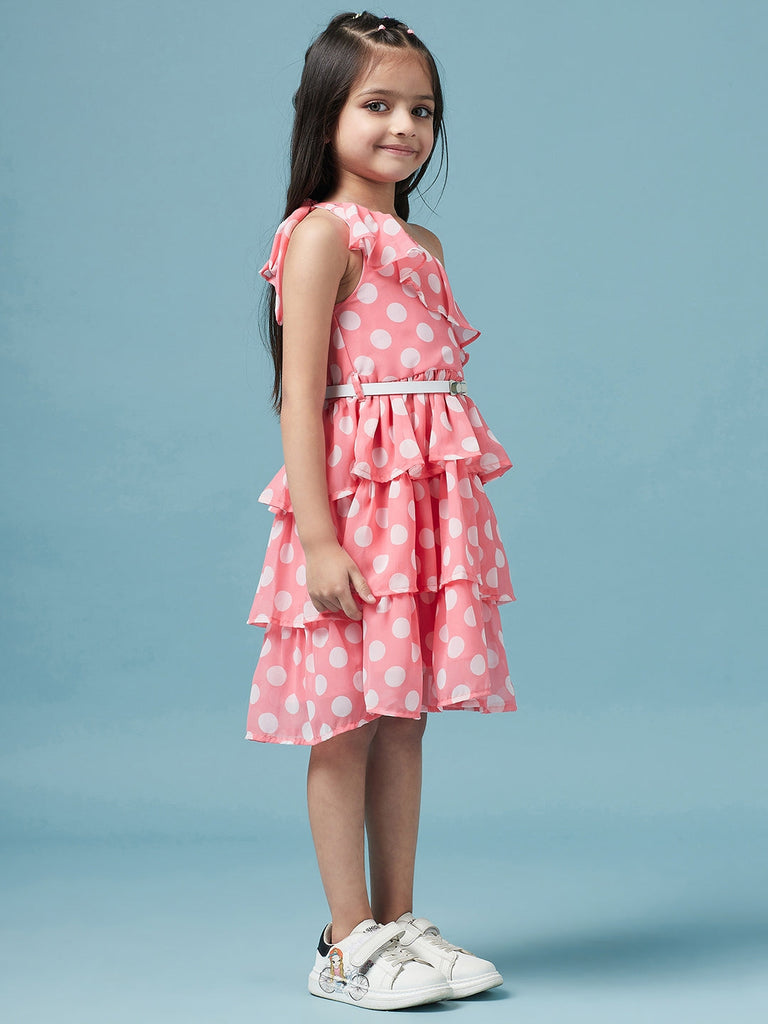 Girls One Shoulder Polka Dot Printed Georgette Dress (d-polkalayer)