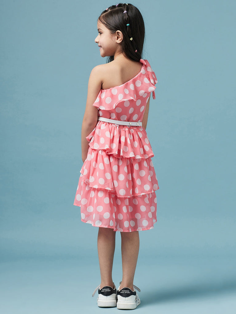 Girls One Shoulder Polka Dot Printed Georgette Dress (d-polkalayer)