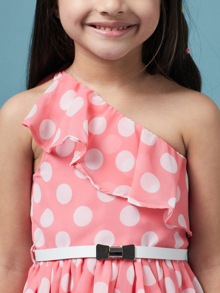 Girls One Shoulder Polka Dot Printed Georgette Dress (d-polkalayer)