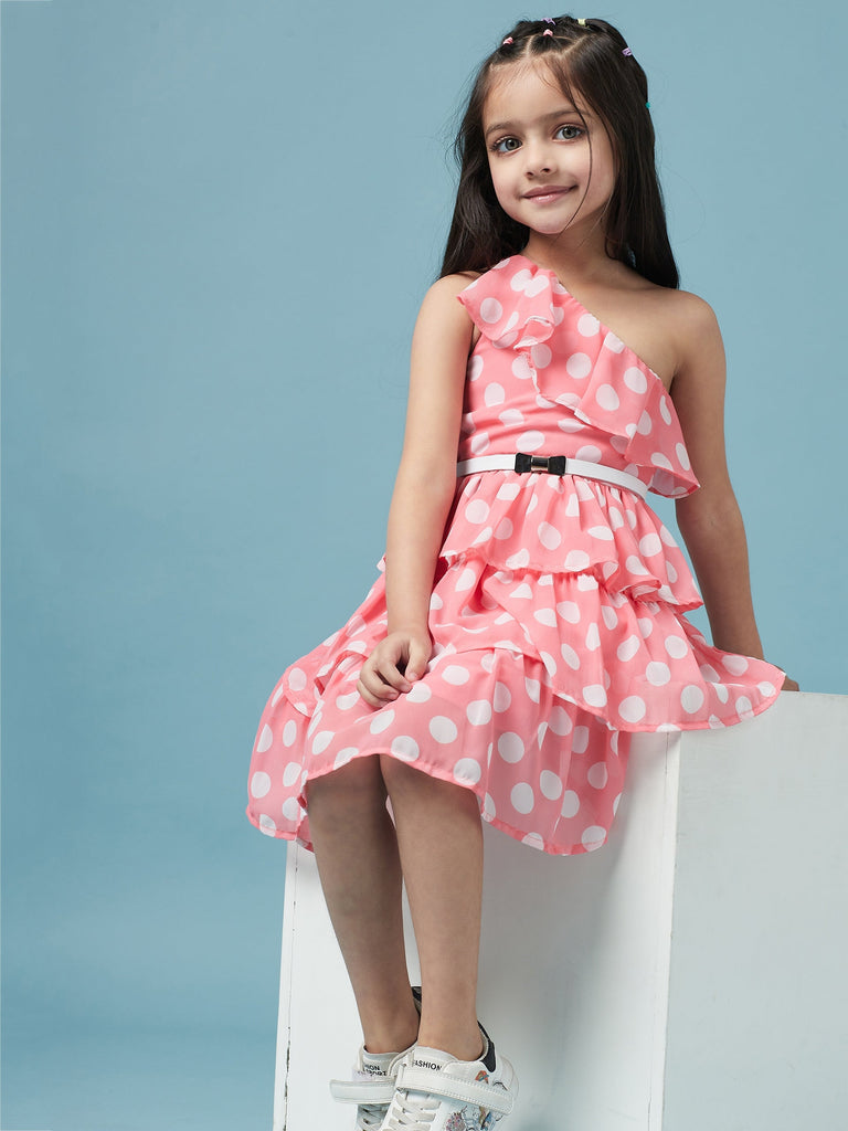 Girls One Shoulder Polka Dot Printed Georgette Dress (d-polkalayer)