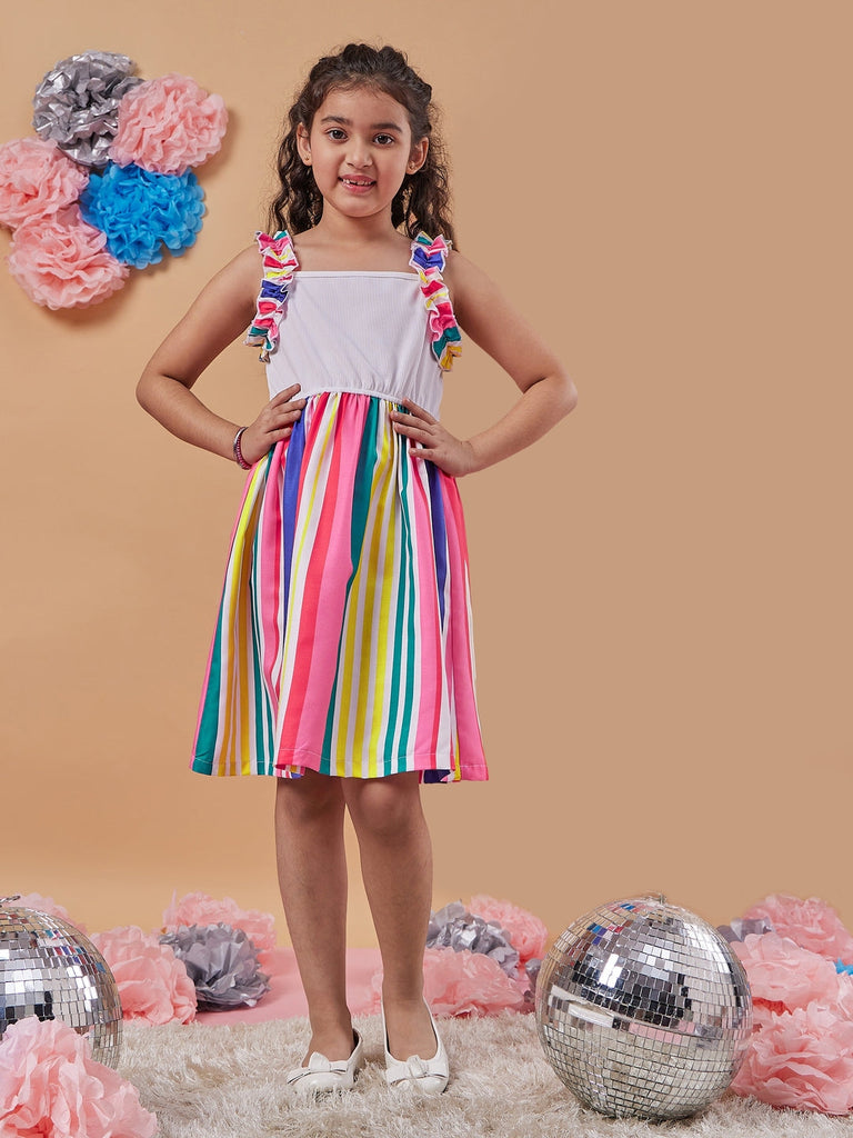 Chic Girl's Striped Shoulder Straps Fit Flare Dress Effortless Style for Trendy Teens Fashion Casual Chic Dress (d-stripemulti)