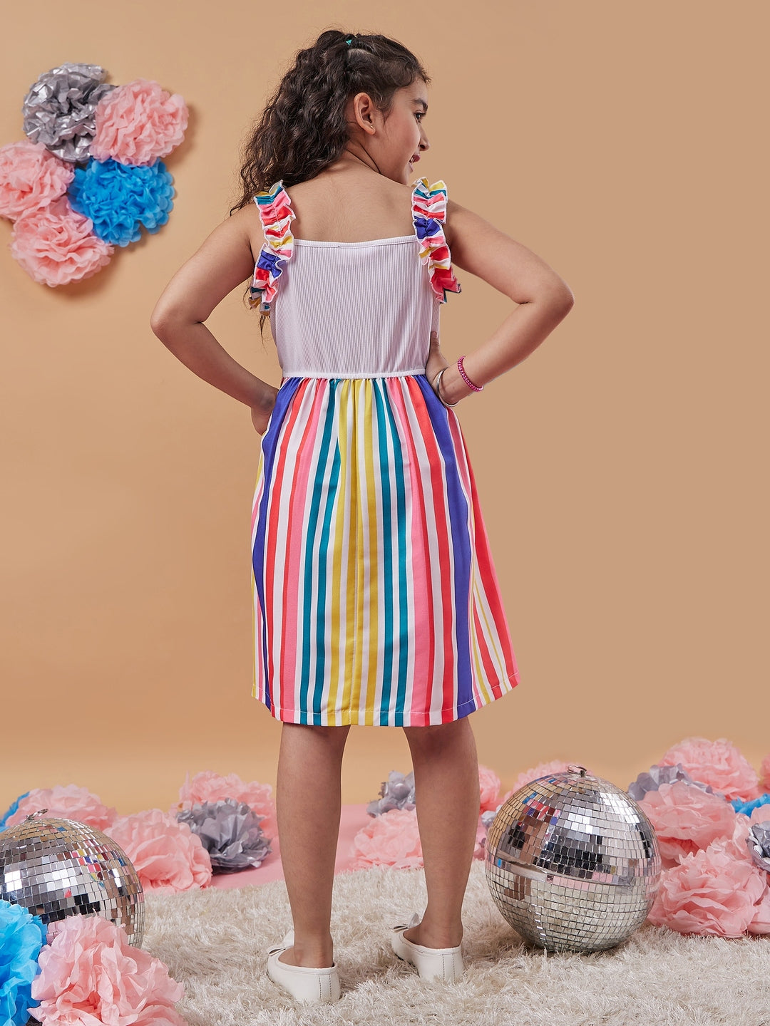 Chic Girl's Striped Shoulder Straps Fit Flare Dress Effortless Style for Trendy Teens Fashion Casual Chic Dress (d-stripemulti)