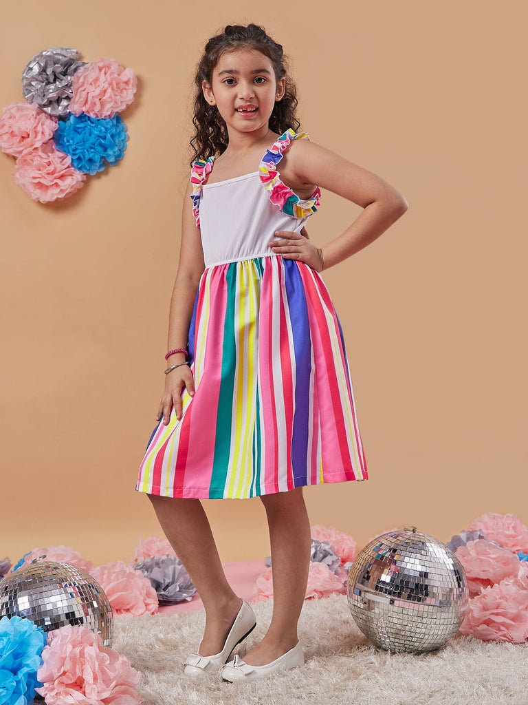 Chic Girl's Striped Shoulder Straps Fit Flare Dress Effortless Style for Trendy Teens Fashion Casual Chic Dress (d-stripemulti)